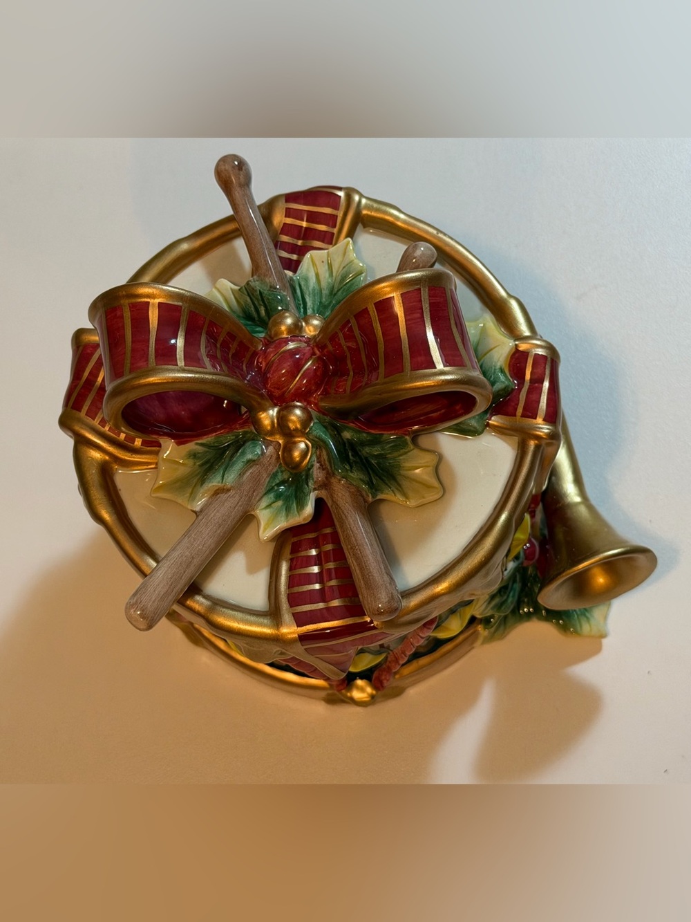 Vtg Fitz and Floyd Holiday Treasure Box Ceramic Christmas Drum Lidded Trinket